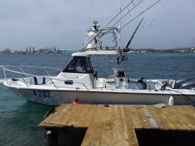 A sleek fishing boat docked at the pier, showcasing its design and readiness for a day on the water.