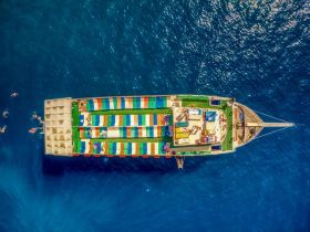 A vibrant aerial view of a party boat with guests enjoying the sun and swimming in the clear blue waters, perfect for group celebrations and fun on the water.