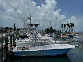 A vibrant fishing boat named 'Ana Banana' docked at the marina, surrounded by other vessels and palm trees, showcasing a perfect day for boating.