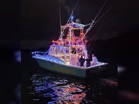 A festive boat, adorned with colorful lights, hosts a group of friends enjoying a night on the water — perfect for celebrations and evening cruises.