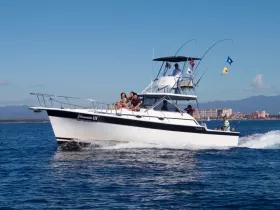 A lively group enjoys a fishing trip aboard the 'Yamaira III,' cruising through beautiful waters with fishing rods ready for action.