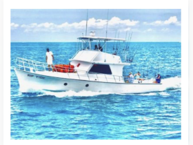 The 'Rip Tide' fishing boat is seen underway in vibrant blue waters, with guests enjoying a day of fishing and adventure on the open sea.