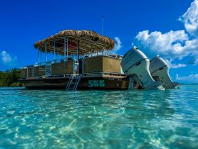 A stunning view of a pontoon boat with a thatched roof, anchored in crystal-clear waters, perfect for leisurely outings and island adventures.