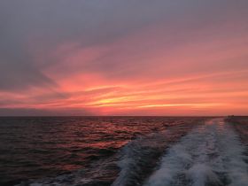 A stunning sunset over the ocean, captured from a boat, showcasing vibrant hues of pink and orange reflecting on the water — perfect for romantic evening cruises.