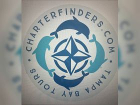 Logo featuring dolphins and a compass design, representing Charterfinders and Tampa Bay Tours — ideal for marine adventure enthusiasts.