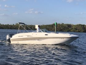 A sleek speedboat navigates through calm waters, showcasing its elegant design and performance. Ideal for thrilling day trips on the water.