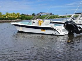 A sleek speedboat named 'Papa Casalo III' docked in calm waters, surrounded by lush greenery — perfect for a day of adventure on the water.