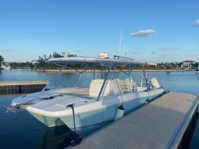 A sleek speedboat docked at a marina, showcasing its modern design against a serene waterfront backdrop — perfect for day trips and water adventures.
