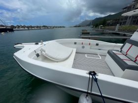 A sleek speedboat captured at the dock, showcasing its modern design and inviting seating area — perfect for a day on the water.