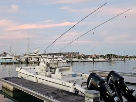 A sleek fishing boat docked at a marina, showcasing its powerful engines and fishing gear — perfect for a day on the water.