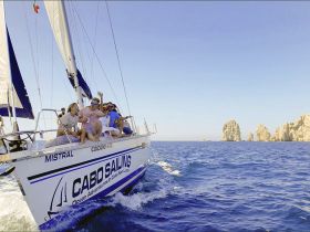 A lively group enjoys a sailing adventure in Cabo San Lucas, capturing the joy of ocean exploration against a stunning coastal backdrop.