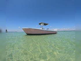 A sleek speedboat anchored in clear turquoise waters, showcasing its elegant design against a bright blue sky — perfect for day trips and water adventures.