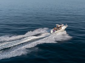 A lively group enjoys a day on the water aboard a speedboat, creating unforgettable memories as they cruise through calm seas.