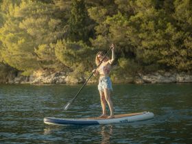 A woman paddleboards gracefully on calm waters, surrounded by lush greenery — a perfect snapshot of outdoor adventure and tranquility.