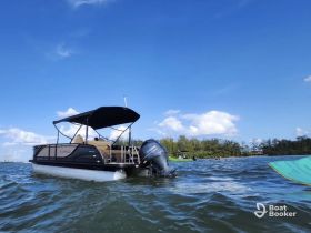 A sleek pontoon boat glides through calm waters under a clear blue sky, perfect for leisurely outings or family adventures on the water.