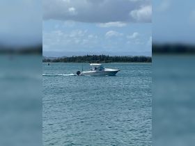 A sleek speedboat navigates through calm waters, showcasing its design and performance against a picturesque backdrop.