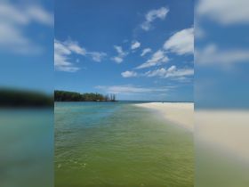 A stunning view of a tranquil beach and coastline under a bright blue sky, perfect for showcasing the beauty of island destinations.