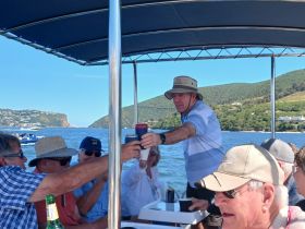A lively group toasts with drinks aboard a boat, enjoying a festive atmosphere amidst beautiful scenery — perfect for celebrations and gatherings on the water.