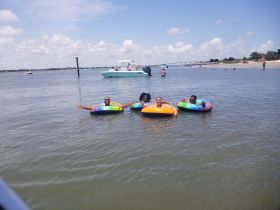 A lively group enjoys a day of tubing in the water, showcasing the fun and relaxation of a beach outing with friends.