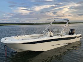 A sleek speedboat anchored in calm waters, showcasing its elegant design against a picturesque sky — perfect for a day of adventure on the water.