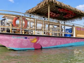 A vibrant tiki boat named 'Pink Pelican' docked in calm waters, showcasing its colorful design and tropical theme.