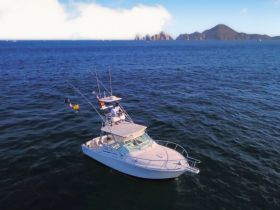 Aerial view of a fishing boat navigating through deep blue waters, showcasing its sleek design and fishing gear — perfect for ocean adventures.