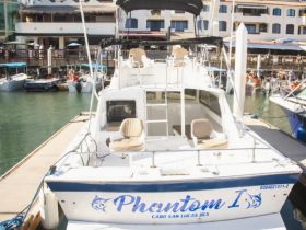 The Phantom I is docked at Cabo San Lucas, showcasing its spacious design and ready for adventure on the water.