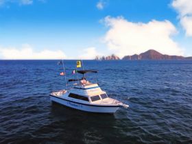 Aerial view of a boat cruising through clear waters, showcasing its sleek design against a stunning coastal backdrop.