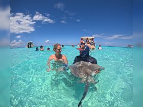 A woman interacts with a stingray while enjoying a vibrant day in the shallow waters, surrounded by fellow adventurers — an unforgettable wildlife experience.