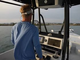 A view of the helm inside a boat, with a person steering and navigating the waters, showcasing the boat's interior and control features.