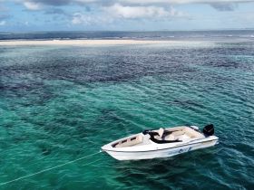 A stunning aerial view of a speedboat anchored in crystal-clear turquoise waters, showcasing the serene beauty of a tropical paradise.