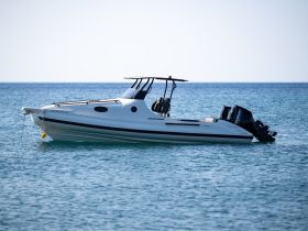 A sleek speedboat anchored in calm waters, showcasing its modern design and perfect for leisurely outings on the sea.