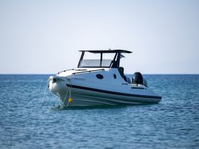 A sleek speedboat anchored in calm waters, showcasing its elegant design against a serene backdrop — perfect for day trips and water adventures.