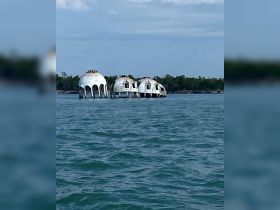 A unique view of the abandoned structures rising from the water, surrounded by lush greenery — a fascinating landmark perfect for exploration and photography.