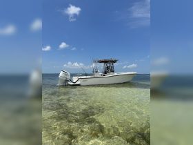 A sleek speedboat anchored in shallow, clear waters under a bright blue sky, perfect for fishing or day trips on the water.