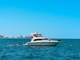 A lively group enjoys a day on the water, relaxing on a floating mat near a luxurious boat, with a vibrant city skyline in the background.