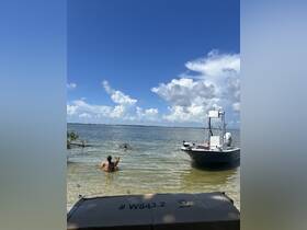 A group enjoys a sunny day at the beach, swimming with a dog while a boat is anchored nearby — perfect for a relaxing day on the water.