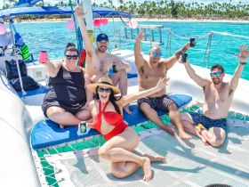 A lively group celebrates aboard a catamaran, enjoying drinks and sunshine in a tropical paradise — perfect for unforgettable party experiences on the water.