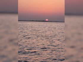 A stunning sunset casts vibrant hues over the water, creating a picturesque scene perfect for evening boat cruises.