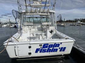 The stern view of the 'Goin' Fishin' II' boat docked at the marina, showcasing its fishing-ready design and spacious layout.