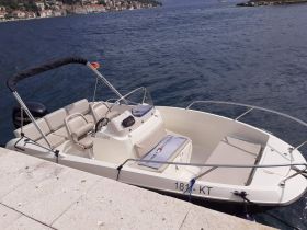A sleek speedboat, the Activ 605, is docked by the shore, showcasing its spacious seating and modern design, perfect for day trips on the water.