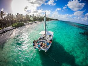 A lively group enjoys a sailing adventure on a catamaran in stunning turquoise waters, surrounded by a beautiful beach — perfect for unforgettable moments in paradise.