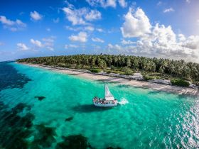A stunning aerial view of a sailboat cruising through vibrant turquoise waters near a picturesque beach, perfect for island adventures and sailing trips.