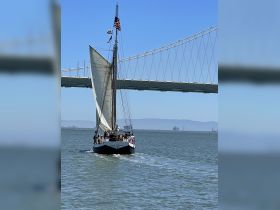 A classic sailboat named 'Gas Light' navigates the waters beneath a stunning bridge, showcasing the beauty of the Bay Area while enjoying a day on the water.