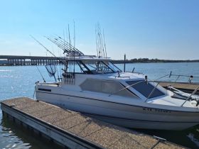 A fishing boat is docked at the marina, showcasing its sleek design and fishing gear, perfect for a day on the water.