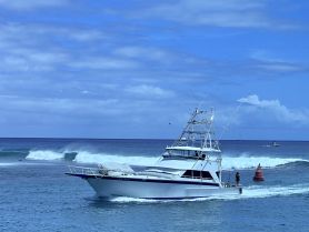 A sleek yacht navigates through the ocean waves, showcasing its impressive design and functionality — perfect for fishing or leisure outings.