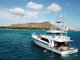 A lively group enjoys a day on the water aboard a spacious boat, surrounded by the stunning Hawaiian coastline — perfect for adventure and relaxation.