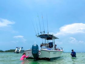 A group enjoys a fishing trip on a boat, with one person in the water and another preparing gear — a perfect day for aquatic adventures.