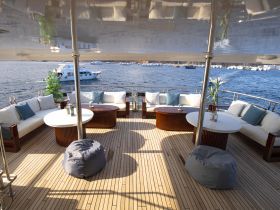 A stylish lounge area on a yacht featuring comfortable seating and tables, perfect for relaxing while enjoying views of the water.