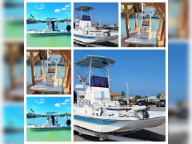 A collection of images showcasing a sleek boat named 'Coastline' from various angles, highlighting its design and features while docked in a scenic marina.